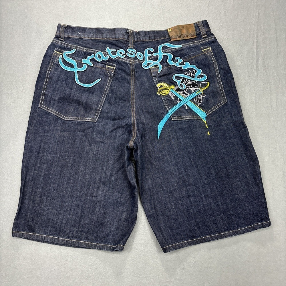 Artful Dodger Shorts Men 38x13 Dual Swords Baggy Skater Denim Y2K Streetwear